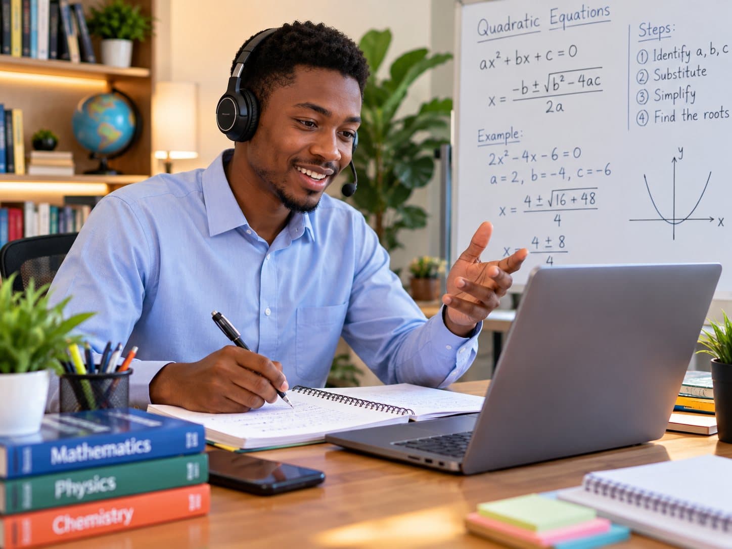 A tutor with a headset teaching an online lesson on quadratic equations, whiteboard behind him